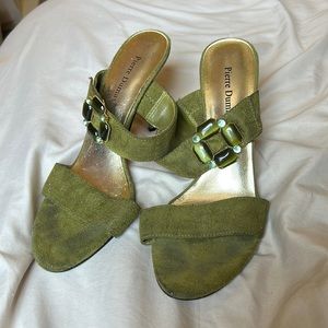 Pierre dumas green suede gold heel 3.5” heel height two strap slip on size 7.5